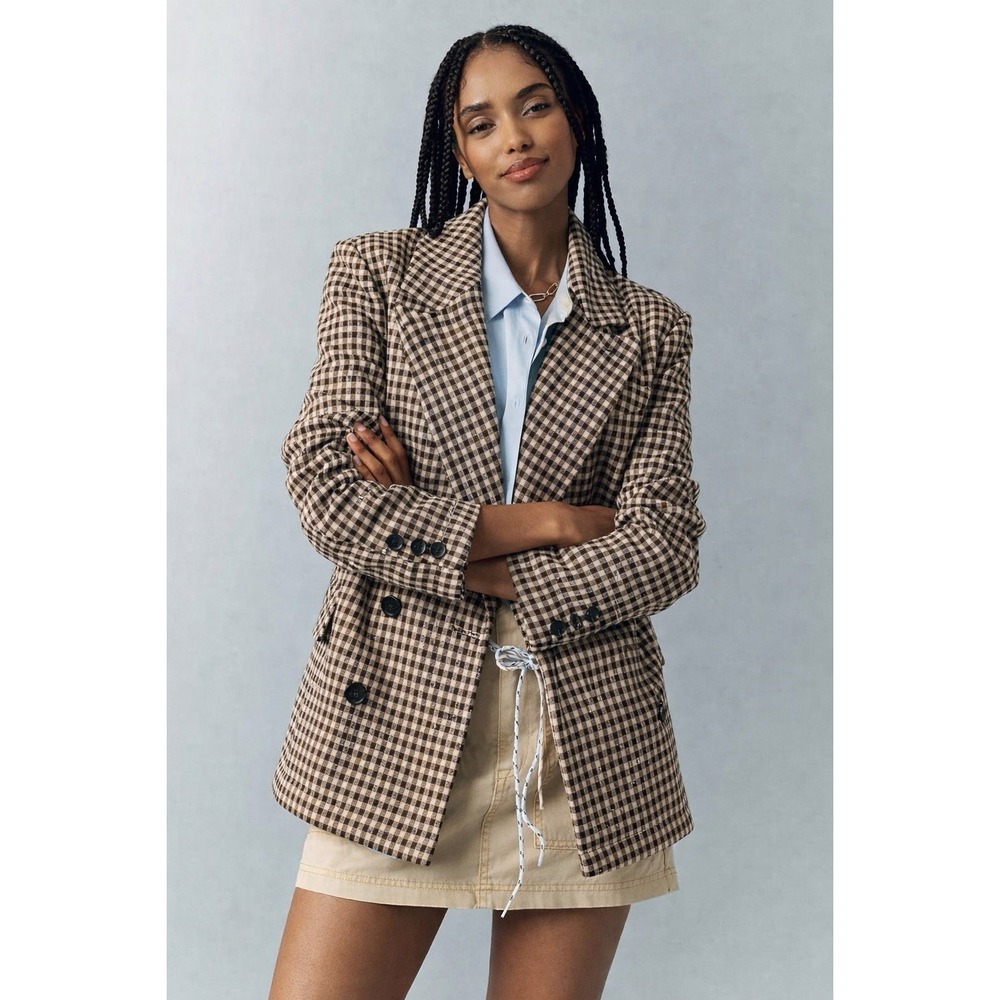 Rachel Zoe Blazer L Knit Double Breasted Jacket Coat Check Single Vent